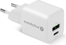 Cargador de red GaN 1x USB, 1x USB-C 20W QC3.0 blanco