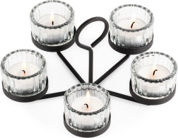 Candelabro metálico para 5 velas de té con vasos de vidrio, negro 21 × 21 × 12 cm