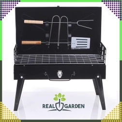 Parrilla de carbón plegable y portátil en maletín con juego de utensilios