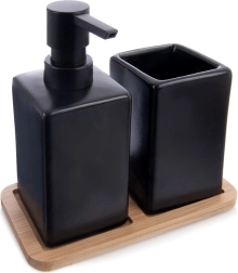 Juego de baño de dolomita de 3 piezas negro con bandeja de bambú Vilde