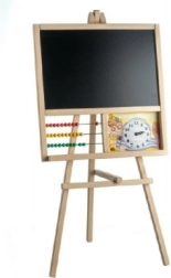 Pizarra de pie de madera con ábaco y reloj