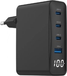 Cargador universal GaN 100W 1xUSB-A 3xUSB-C carga rápida LCD negro