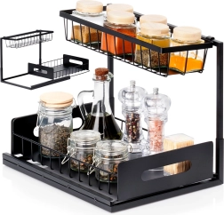 Estante de cocina de dos niveles con cajón extraíble, metálico, negro 36 × 27 × 28,5 cm