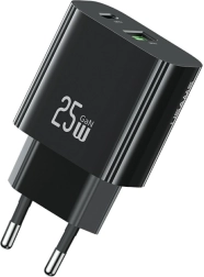 Cargador de red de 25 W con 1× USB‑C y 1× USB‑A, carga rápida, negro