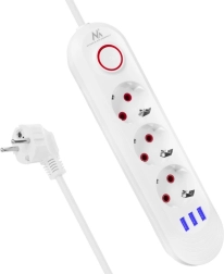 Regleta alargadora con protección contra sobretensiones con 3 tomas y 3× USB, blanca