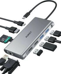 Hub USB‑C de aluminio 10 en 1 con Ethernet, HDMI 4K, VGA, lector de tarjetas y PD 100 W AUKEY
