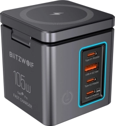 Cargador de red GaN BlitzWolf 105 W con USB-A, 3× USB-C y carga inalámbrica