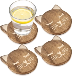 Posavasos de madera de mango con forma de gato 10 × 11 cm, set de 4 uds