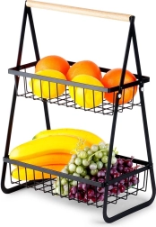 Cesta de fruta metálica de dos niveles, negra con asa de madera