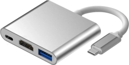 Hub USB‑C de aluminio 3 en 1 con HDMI 4K, USB 3.1 y alimentación USB‑C – plateado