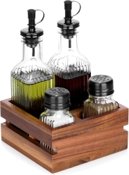 Juego de aceite y vinagre con salero y pimentero en soporte, 5 piezas