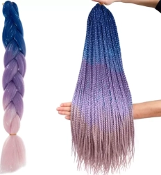 Trenzas sintéticas ombré con mechones brillantes, azul‑morado‑rosa, 60 cm