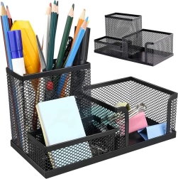 Organizador de escritorio negro de malla con 3 compartimentos
