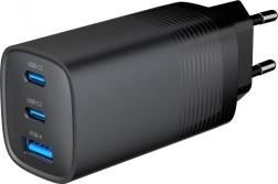 Cargador USB negro 65W GaN con 1x USB-A y 2x puertos USB-C