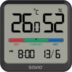 Termómetro e higrómetro digital interior SAVIO con LCD, reloj y fecha, soporte magnético – Negro