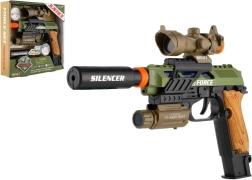 Pistola de plástico con luz y sonido a pilas con accesorios