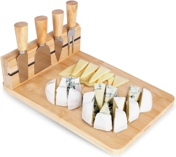 Tabla de servir de bambú para quesos con cuchillos, set de 5 piezas