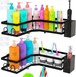Estantes de esquina para baño sin taladro RUHHY, juego de 2 piezas, negro