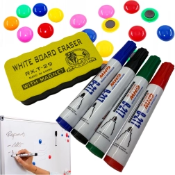 Juego de accesorios para pizarra blanca magnética: 4 rotuladores, borrador magnético e imanes de colores