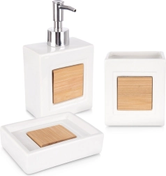 Juego de baño blanco de dolomita de 3 piezas con bambú