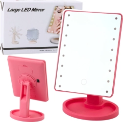 Espejo cosmético con iluminación LED y soporte ajustable rosa