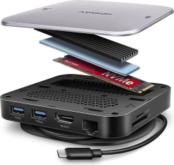 Hub USB‑C multipuerto AXAGON 9 en 1 con M.2 NVMe/SATA, HDMI 4K/60 Hz, PD 100 W, GLAN y lector de tarjetas