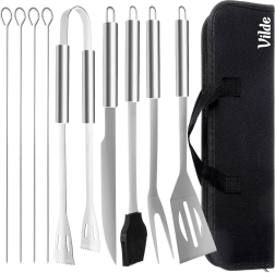 Juego de utensilios de barbacoa de acero inoxidable con estuche, 10 piezas