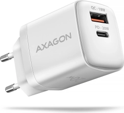 Cargador de red GaN Axagon 20 W USB-C PD + USB-A QC blanco