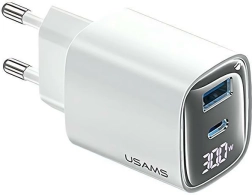 Cargador de red 30W GaN con pantalla LED USB + USB‑C blanco
