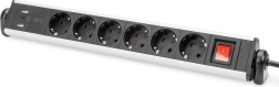 Regleta de alimentación de sobremesa con 6 tomas, 2x USB‑A y 1x USB‑C, giratoria 180°, de aluminio, con abrazaderas – DIGITUS