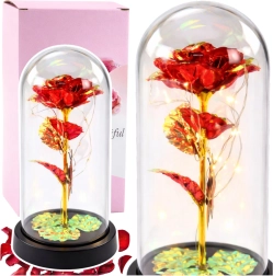 Rosa roja eterna bajo una cúpula de cristal con iluminación LED y mariposa