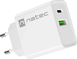Cargador de red NATEC Ribera 20W, 1× USB‑C + 1× USB‑A, blanco