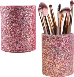 Vaso rosa con purpurina para brochas y accesorios cosméticos