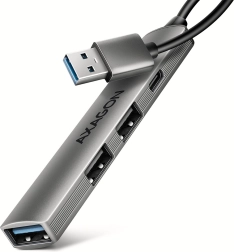 Axagon hue-sta hub USB de aluminio 4× puertos (1× USB‑A 5 Gbps, 2× USB‑A 2.0, 1× USB‑C 2.0) con cable de 12 cm