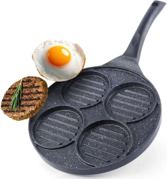 Sartén grill para hamburguesas y huevos con superficie antiadherente de granito, 4 moldes, 26,5 cm