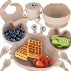 Juego de comedor de silicona para niños con motivo de cangrejo, 9 piezas, beige