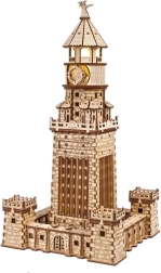 Ugears rompecabezas mecánico de madera 3D Faro de Alejandría con iluminación LED