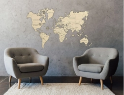 Mapa del mundo 3D de madera para pared XXL en colores naturales