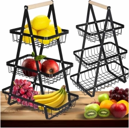 Cesta de frutas de metal de tres niveles con asa de madera, negra