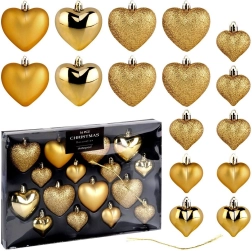 Adornos navideños corazones dorados, irrompibles, set de 16 uds (6,5 y 4,5 cm)