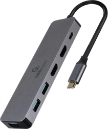Adaptador hub USB‑C con alimentación PD, 2× HDMI y 3× USB 3.0