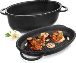 Asadera ovalada de granito con tapa 2 en 1 GRANDE 10 l, 43 × 28 cm