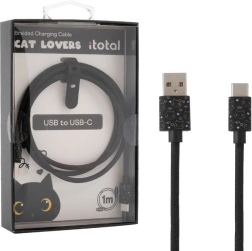 Cable de carga USB‑C con gatito negro y correa de silicona para ajustar la longitud