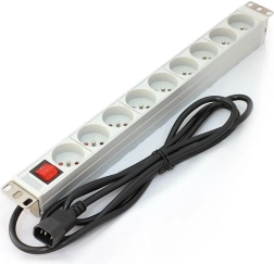 Regleta PDU para rack de 19", 9× tomas Tipo E, cable C14 de 2 m, 10 A, interruptor, aluminio