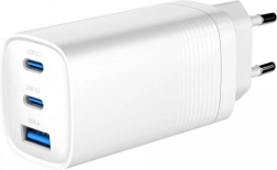 Cargador rápido GaN de 65 W con Power Delivery, 2× USB‑C y 1× USB‑A, blanco