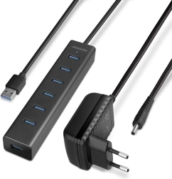 Hub USB 3.2 Gen 1 AXAGON con 7 puertos y carga, de aluminio, con adaptador