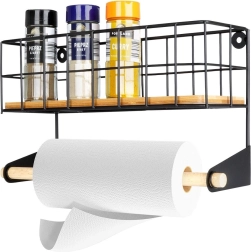 Soporte de pared para toallas de papel con estante, metálico negro