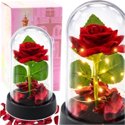 Rosa roja eterna bajo una cúpula de cristal con iluminación LED