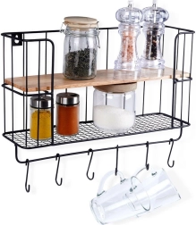 Estante de pared para cocina con ganchos 41 × 12 × 25,5 cm, metal y madera