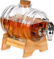 Dispensador de bebidas de vidrio con grifo y soporte de madera 1 l